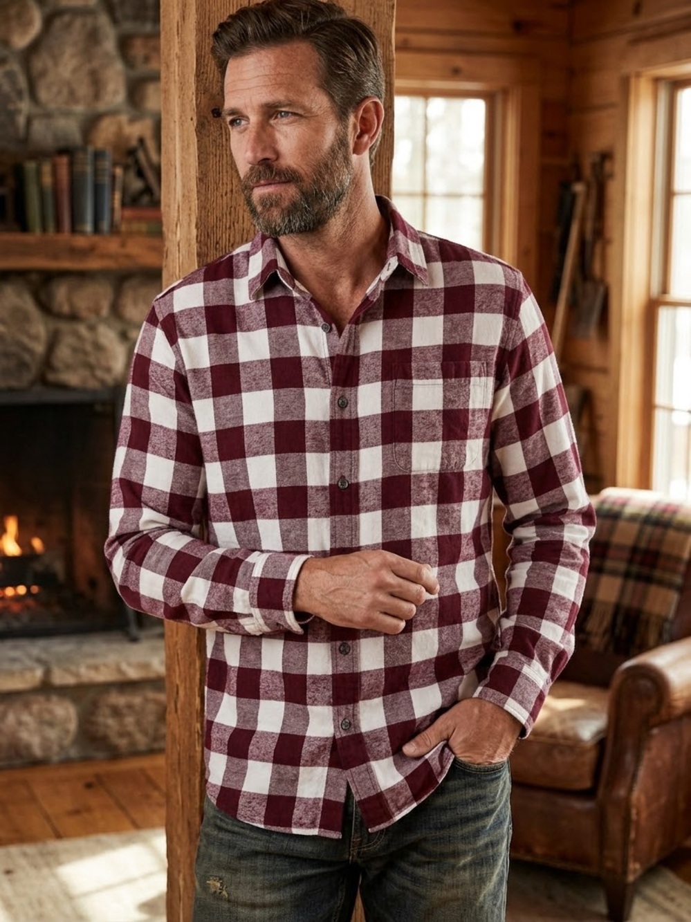 St. John's Bay Burgundy and White Buffalo Plaid Button-Down Shirt 0154